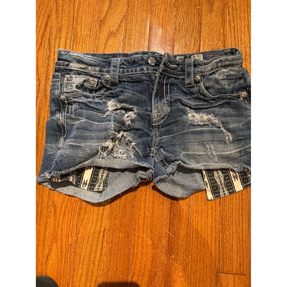 Miss Me Womens Distressed Denim Shorts Blue Mid Rise Crystal Embellished Size 29